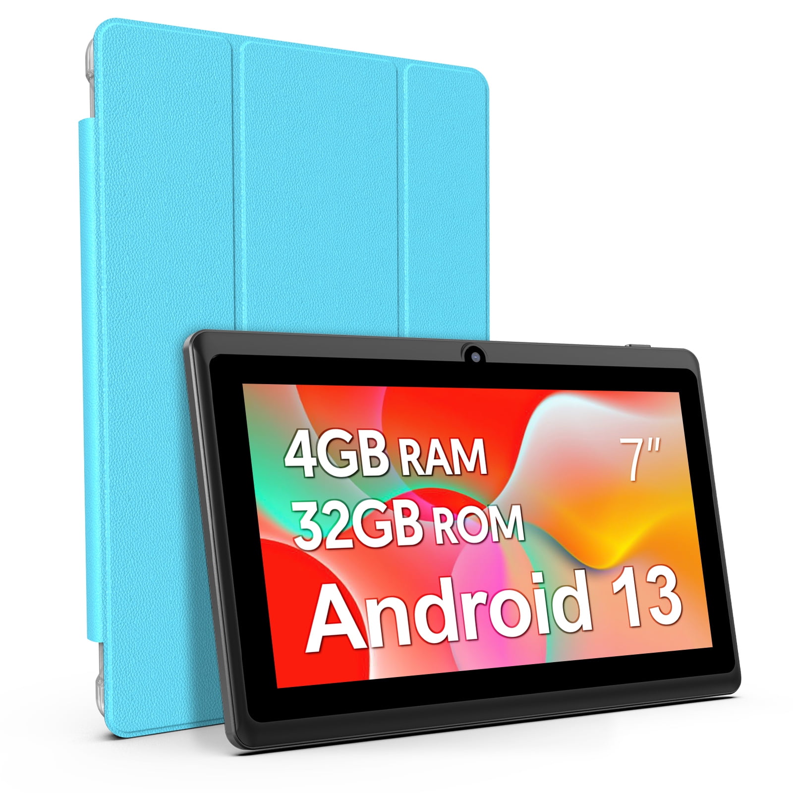 7 inch Tablet, Android 13 Tablet with Case, Quad Core Tablet,1024 x 600 IPS Touch Screen,4GB RAM 32GB ROM 1TB Expandable,Dual Camera, 3500Mah - Blue