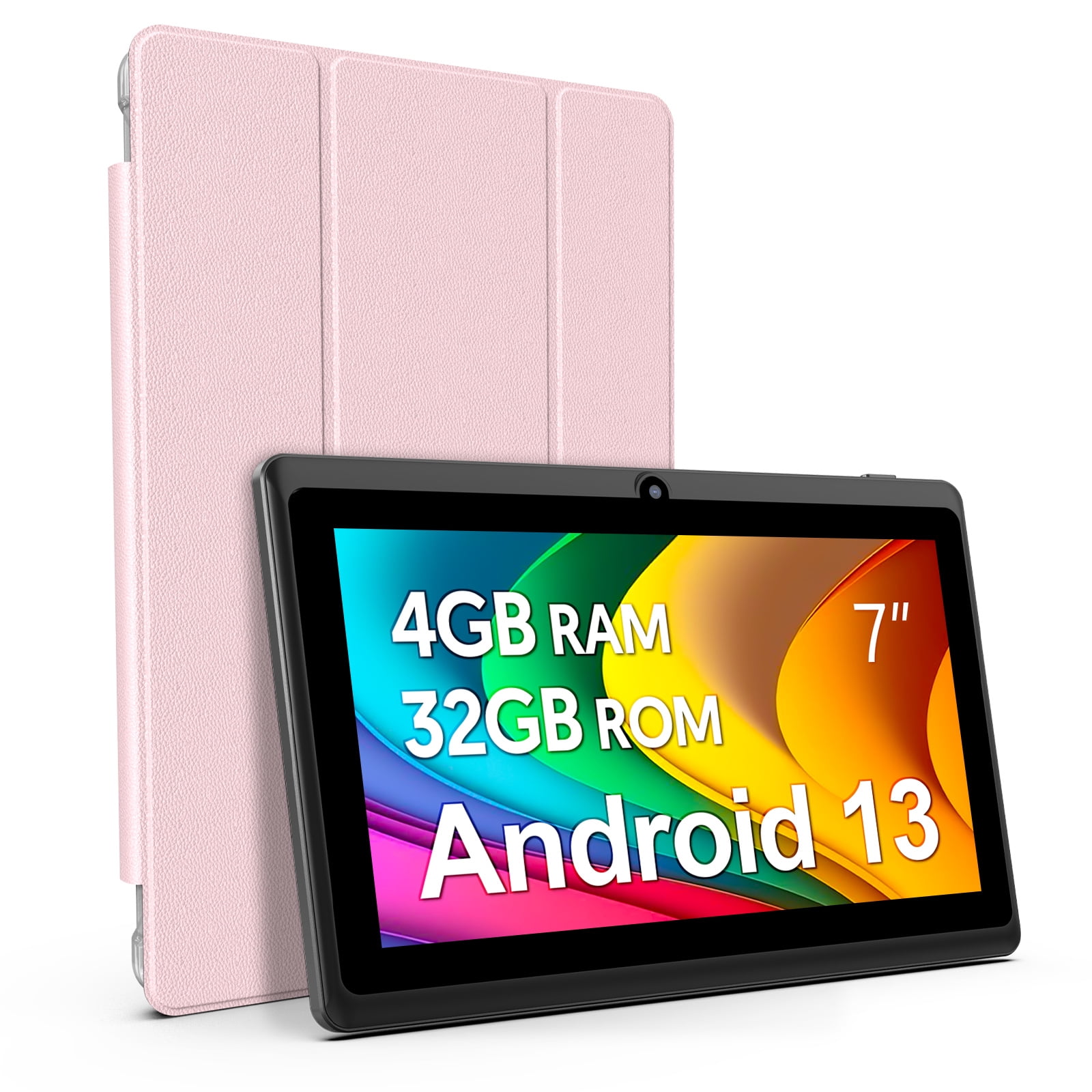 7 inch Tablet, Android 13 Tablet with Case, Quad Core Tablet,1024 x 600 IPS Touch Screen,4GB RAM 32GB ROM 1TB Expandable,Dual Camera, 3500Mah - Pink