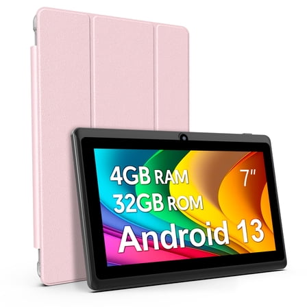 7 inch Tablet, Android 13 Tablet with Case, Quad Core Tablet,1024 x 600 IPS Touch Screen,4GB RAM 32GB ROM 1TB Expandable,Dual Camera, 3500Mah - Pink