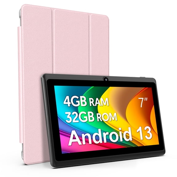 7 inch Tablet, Android 13 Tablet with Case, Quad Core Tablet,1024 x 600 IPS Touch Screen,4GB RAM 32GB ROM 1TB Expandable,Dual Camera, 3500Mah - Pink