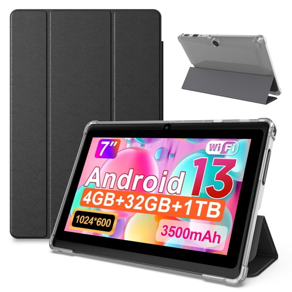 7 inch Tablet Android 13 Tablets with Case, 4GB+32GB+1TB Expand, Quad-Core, WiFi6, 3500mAh Battery, Dual Camera, Black