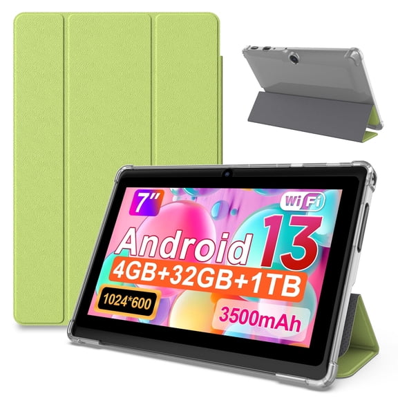 FITIFUN 7 inch Android Tablet with Case, 4GB RAM+32GB ROM, Quad-Core, HD Display, Wifi 6, 3500mAh, Dual Camera, Green