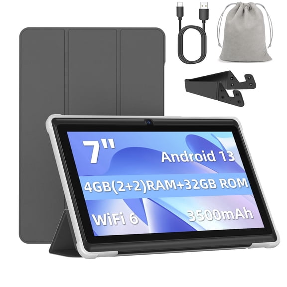 FITIFUN 7 inch Tablet Android 13 Tablets with Case, Stand, Storage Bag, 4(2+2)GB RAM 32GB ROM 1TB Expand, Quad-Core, HD IPS Display, Wifi, Dual Camera,Black