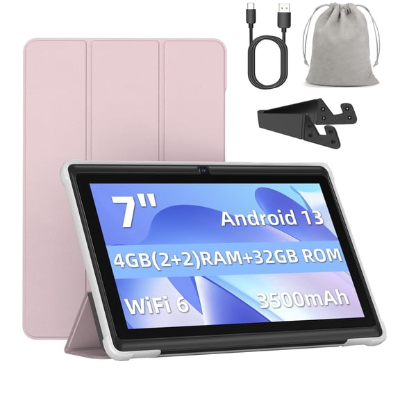 FITIFUN 7 inch Tablet Android 13 Tablets with Case, Stand, Storage Bag, 4(2+2)GB RAM 32GB ROM 1TB Expand, Quad-Core, HD IPS Display, Wifi, Dual Camera,Pink