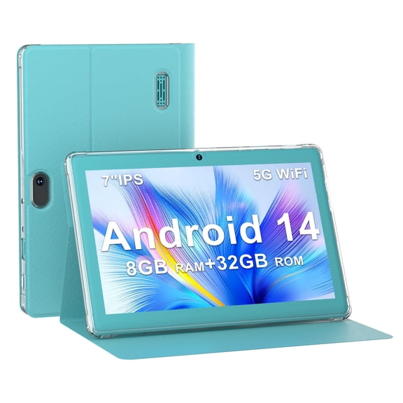 7 inch Tablet | Android 14 | Tablet with Protective Case | 8GB+32GB+2TB Expand | Eye-Friendly Screen | Dual Camera | 2.4G+5G WiFi | Widevine L1 | Educational | Games | Green