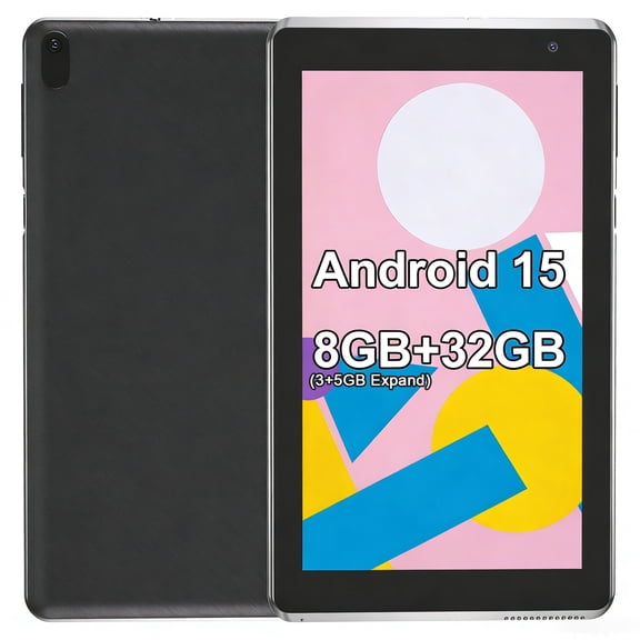 7 inch Tablet Android 15 Tablets, 8GB RAM 32GB ROM 1TB Expandable, Quad-Core Processor Tablet PC, WiFi6, 3000mAh Battery, Bluetooth, 1024 x 600 IPS Touch Screen, 5MP Dual Camera, GMS Certified, Black