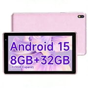 7 inch Tablet Android 15 Tablets, 8GB RAM 32GB ROM 1TB Expandable, Quad-Core Processor Tablet PC, WiFi6, 3000mAh Battery, Bluetooth, 1024 x 600 IPS Touch Screen, 5MP Dual Camera, GMS Certified, Pink