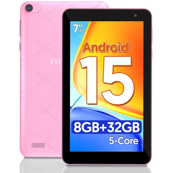 FITIFUN 7 inch Tablet Android 15 Tablets, 8GB RAM 32GB ROM 1TB Expand, Five-Core, HD Display, Wi-Fi, Bluetooth-Pink