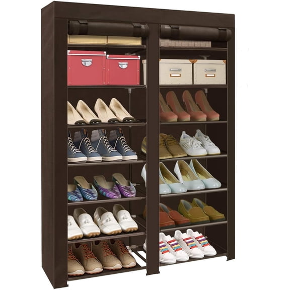 7-layer Shoe Rack Storage Organize, 28 Pairs Portable Double Row with Nonwoven Fabric Cover Shoe Shelf Cabinet for Closet