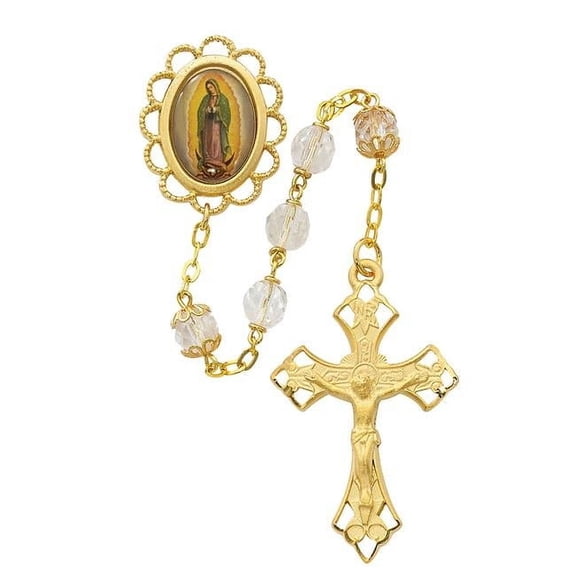 7 mm Glass Guadalupe Cross Rosary Set- Clear