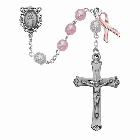 7 mm Pearl Like Cancer Cross Rosary Set - Pink & White