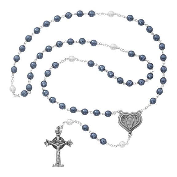 7 mm Pearl Like Glass Lourdes Water Cross Rosary Set - Blue & White