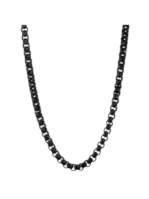 Chunky Round Box Chain Necklace for Men in Black Ion Plated Stainless Steel 7 MM Wide 22 Inch with Push Clasp