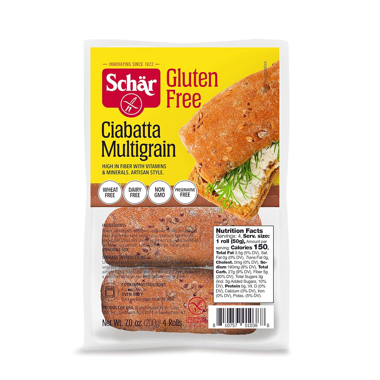 7 oz. Multigrain Ciabatta Rolls (Pack of 4) by Parbaked & Ancient