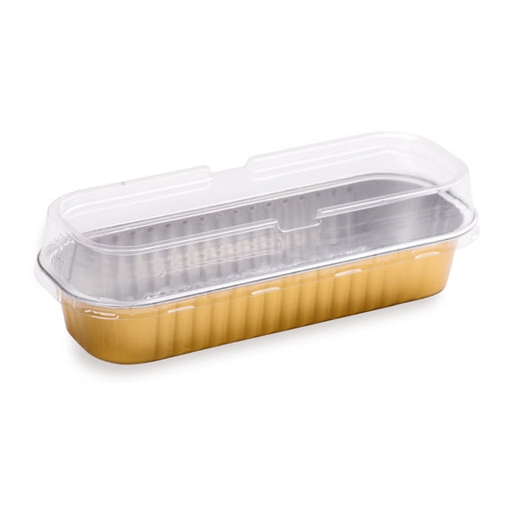 Pastry Tek 7 oz Rectangle Gold Aluminum Baking Loaf Pan - with Plastic Dome Lid - 6 1/2" x 2 1/2" x 1 1/4" - 100 count box