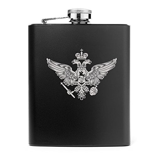 7 oz Stainless Steel Hip Flask Coat of Arms Russia Russian Eagle (Black)