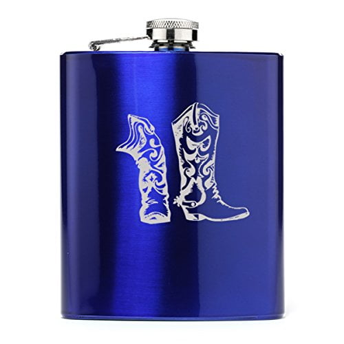 7 oz Stainless Steel Hip Flask Cowboy Cowgirl Boots (Blue)