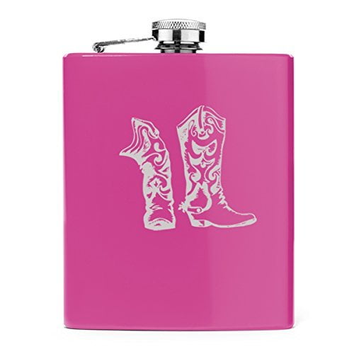 7 oz Stainless Steel Hip Flask Cowboy Cowgirl Boots (Pink)
