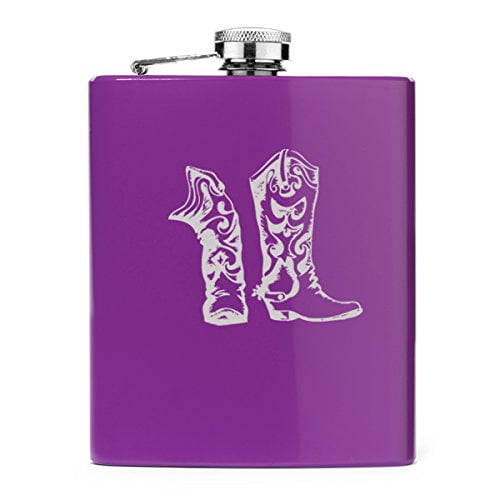 7 oz Stainless Steel Hip Flask Cowboy Cowgirl Boots (Purple)
