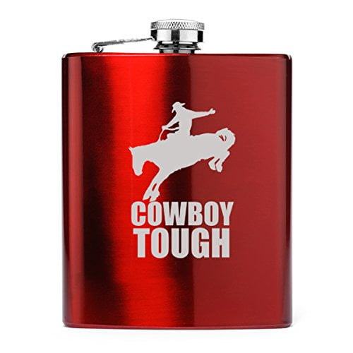 7 oz Stainless Steel Hip Flask Cowboy Tough Rodeo (Red)
