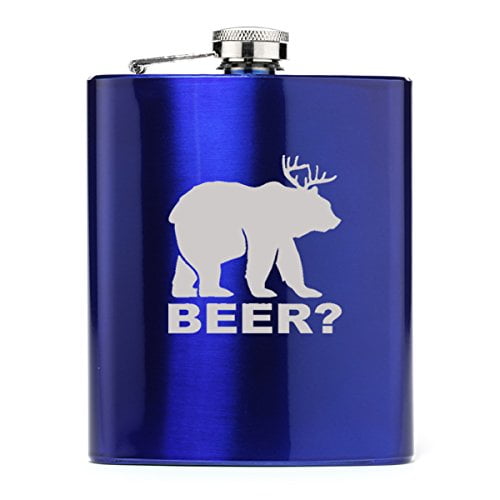7 oz Stainless Steel Hip Flask Deer + Bear = Beer Funny (Blue)