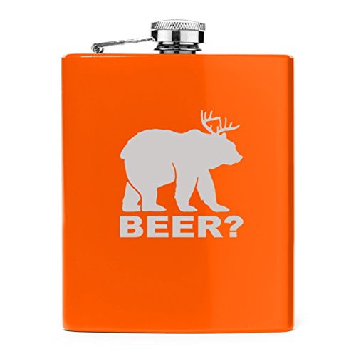 7 oz Stainless Steel Hip Flask Deer + Bear = Beer Funny (Orange)