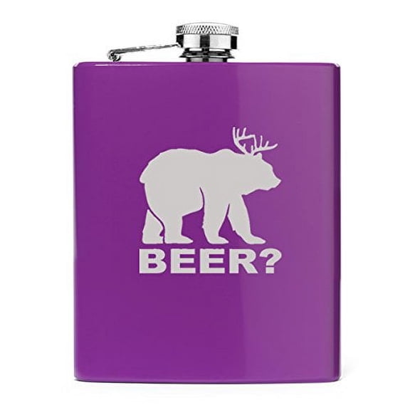 7 oz Stainless Steel Hip Flask Deer + Bear = Beer Funny (Purple)