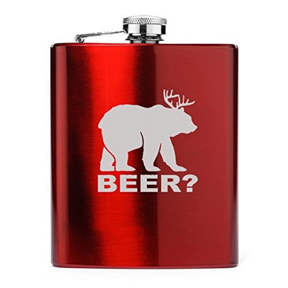7 oz Stainless Steel Hip Flask Deer + Bear = Beer Funny (Red)