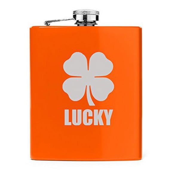 7 oz Stainless Steel Hip Flask Lucky Four Leaf Clover (Orange)