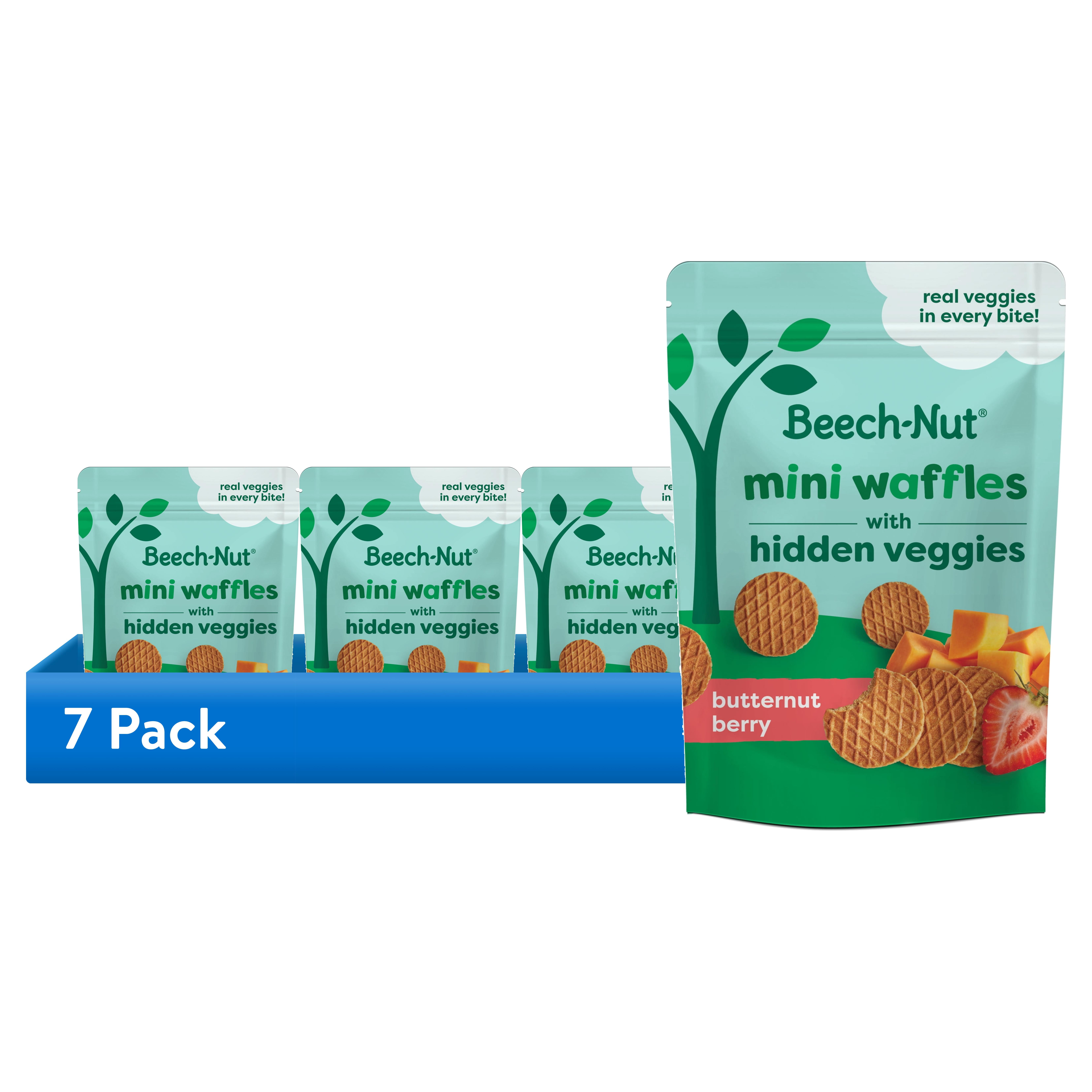 (7 pack) Beech-Nut Mini Waffles with Hidden Veggies Toddler Snack, Butternut Berry, 3.2 oz Bag