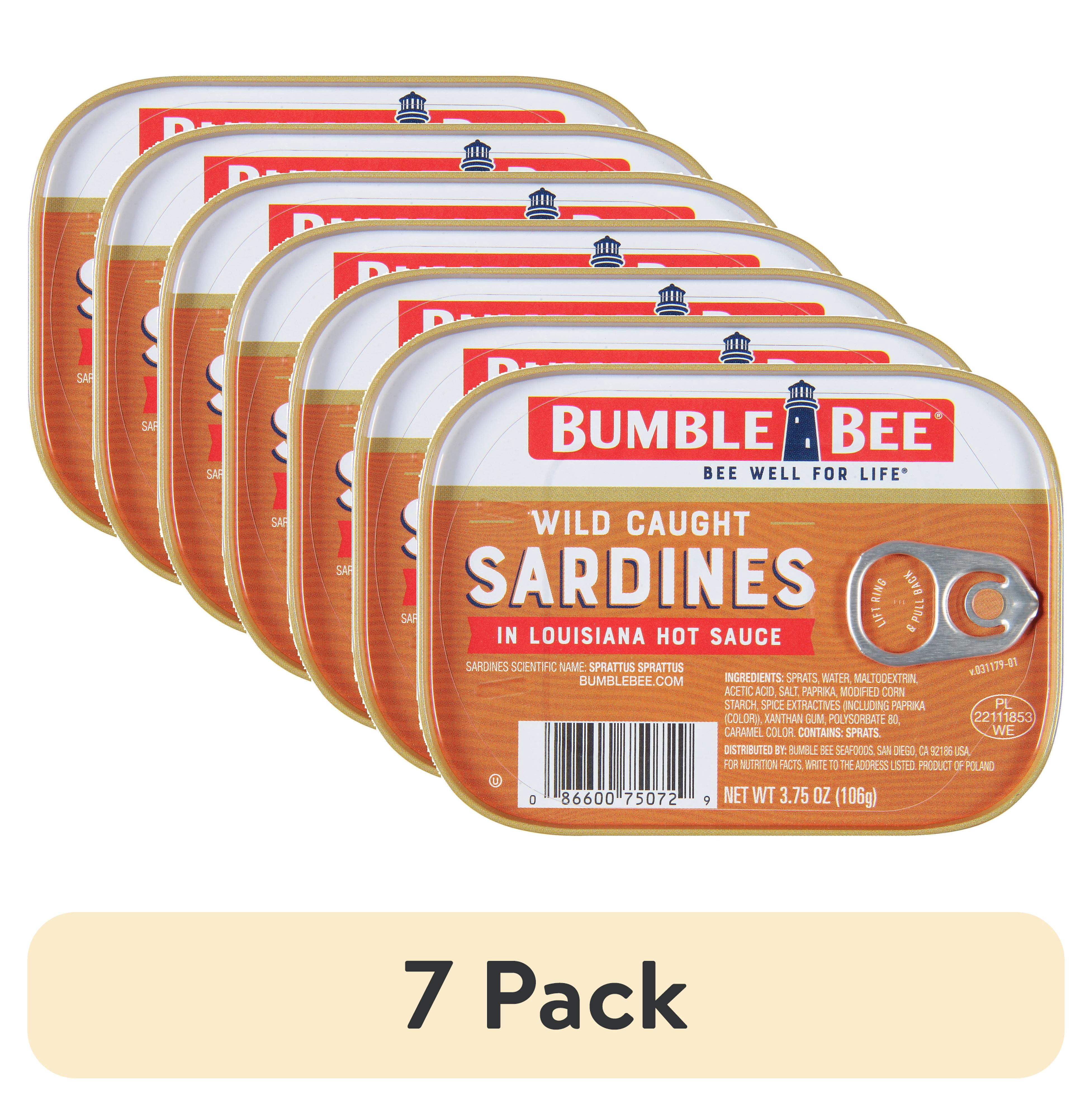 (7 pack) Bumble Bee Wild Caught Sardines in Louisiana Hot Sauce, Gluten Free, 11g Protein Per Serving, Shelf Stable Tin Can, 3.75 oz