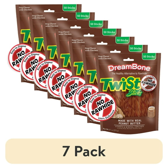 (7 pack) DreamBone Twist Sticks Rawhide-Free Chews for Dogs, with Real Peanut Butter, 50 Count
