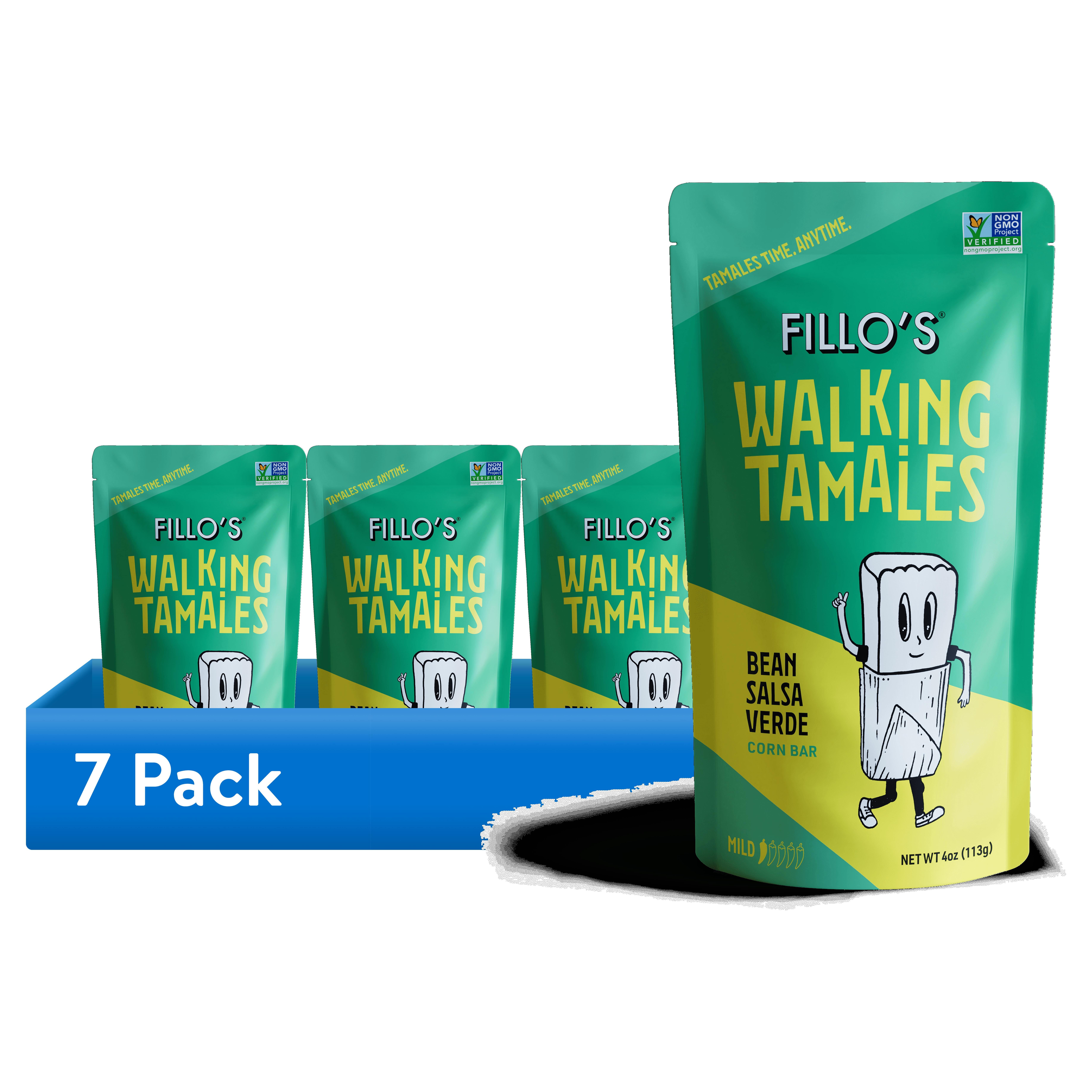 (7 pack) FILLO'S Walking Tamales Bean Salsa Verde Tamale, 4 oz Plastic Pouch, (Shelf-Stable)