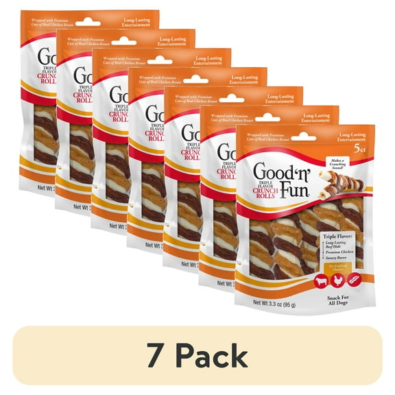 (7 pack) Good n Fun Triple Flavor Crunch Rolls, Rawhide Chews for All Dogs, Real Chicken & Bacon, 5 Count