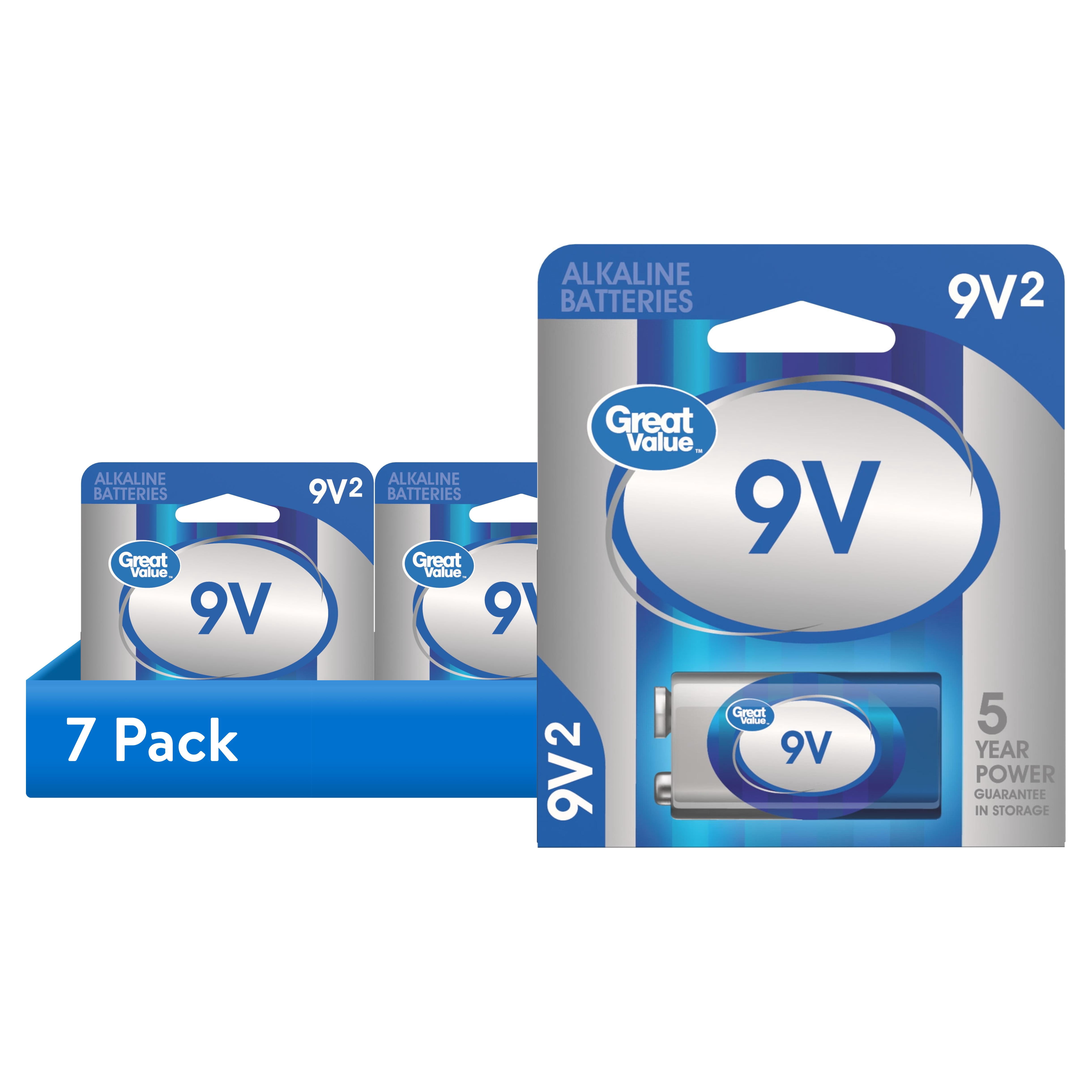 (7 pack) Great Value Alkaline 9 Volt Batteries, 2 Count (Plastic Free Packaging)