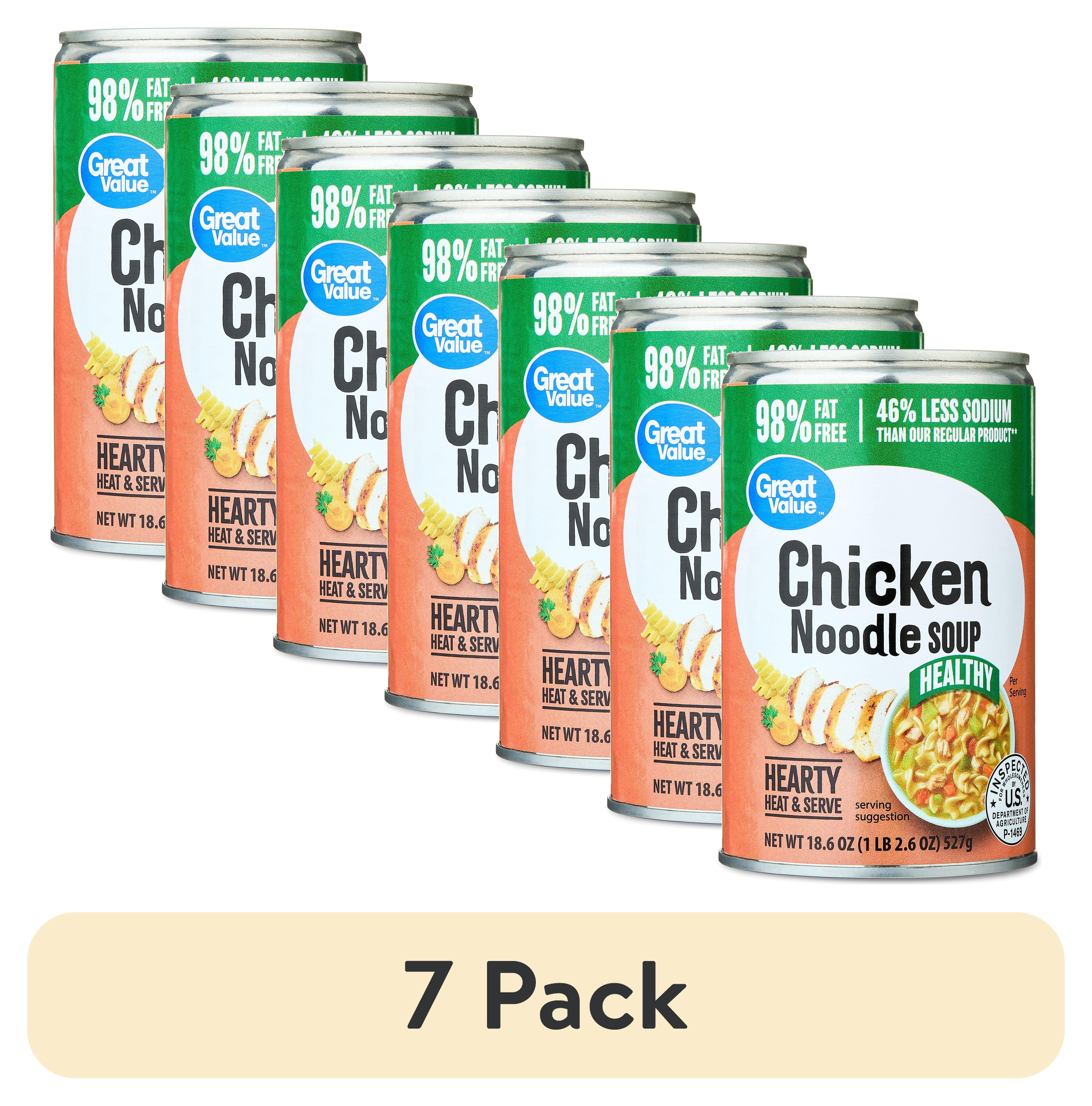 (7 pack) Great Value Heart Healthy 98% Fat Free and 46% Reduced Sodium Chicken Noodle Soup, 18.6 oz Can
