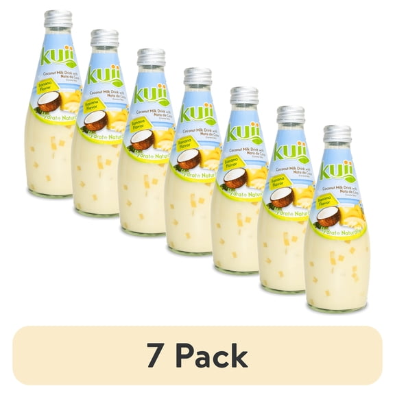 (7 pack) Kuii Drinks Coconut Milk with Nata de Coco, Banana, 290 mL Single Glass Bottle