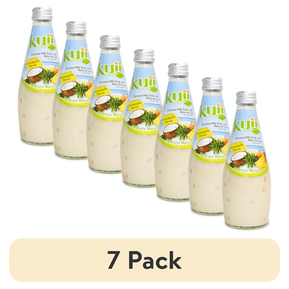(7 pack) Kuii Drinks Coconut Milk with Nata de Coco, Pineapple, 290 mL Single Glass Bottle