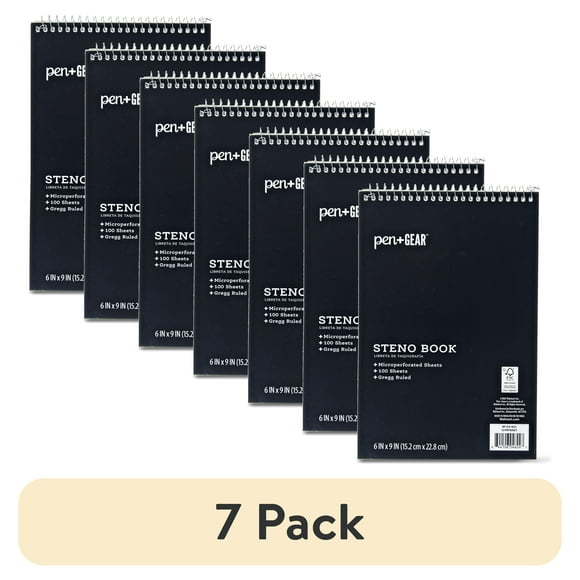 (7 pack) Pen+Gear Top Spiral Steno Pad, Gregg Ruled Paper, 100 Sheets, Black, 1 Count, 0 Holes
