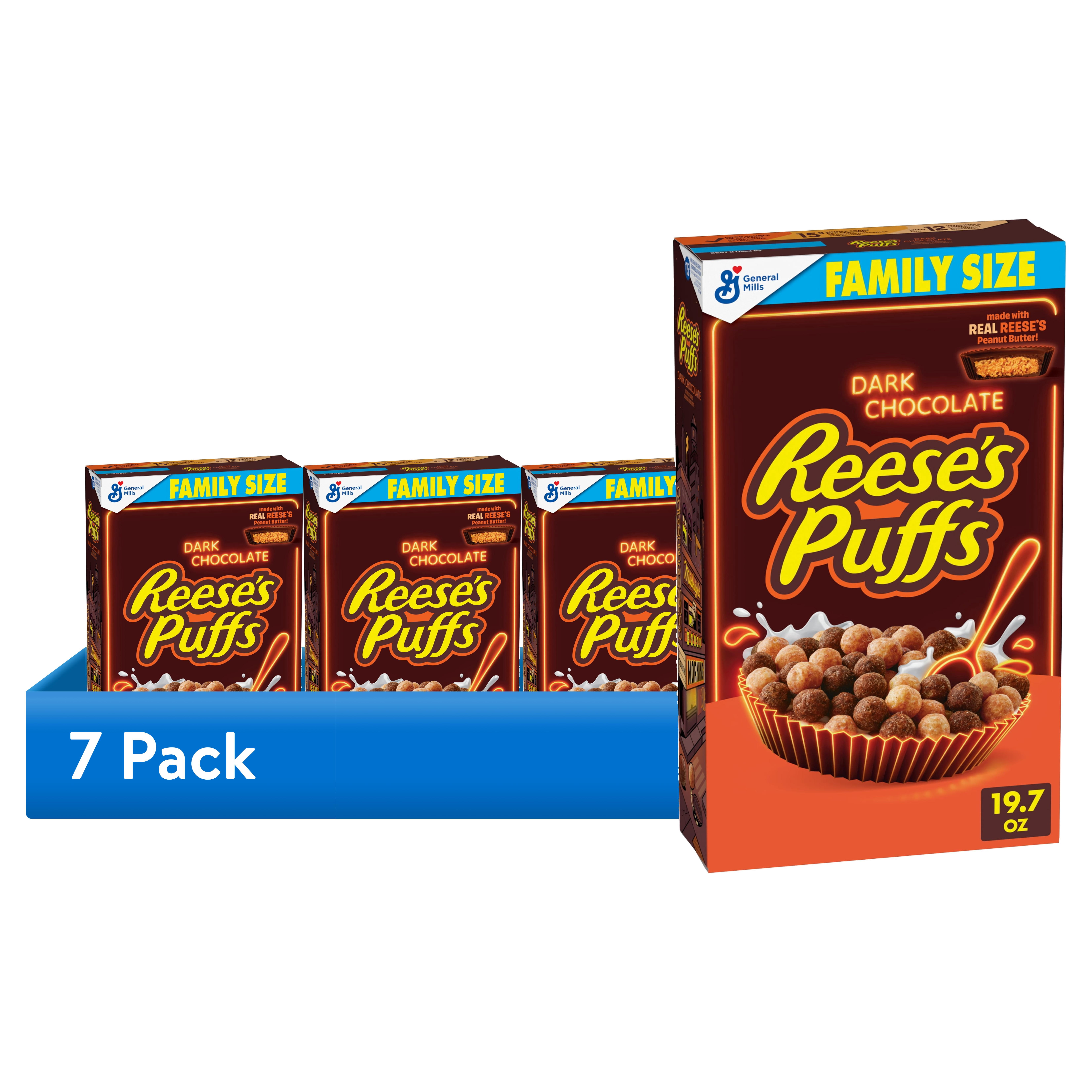 (7 pack) REESE'S PUFFS Dark Chocolate Cereal, with Real REESE'S Peanut Butter, Family Size, 19.7 oz