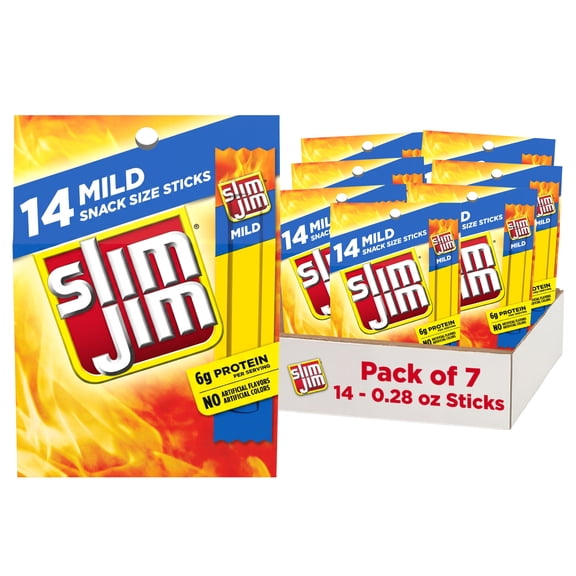 (7 pack) Slim Jim Smoked Meat Sticks, Mild Flavor, 6g Protein Per Serving, Snack Size, Easter Basket Stuffer for Men, 0.28 oz. (14 Count)
