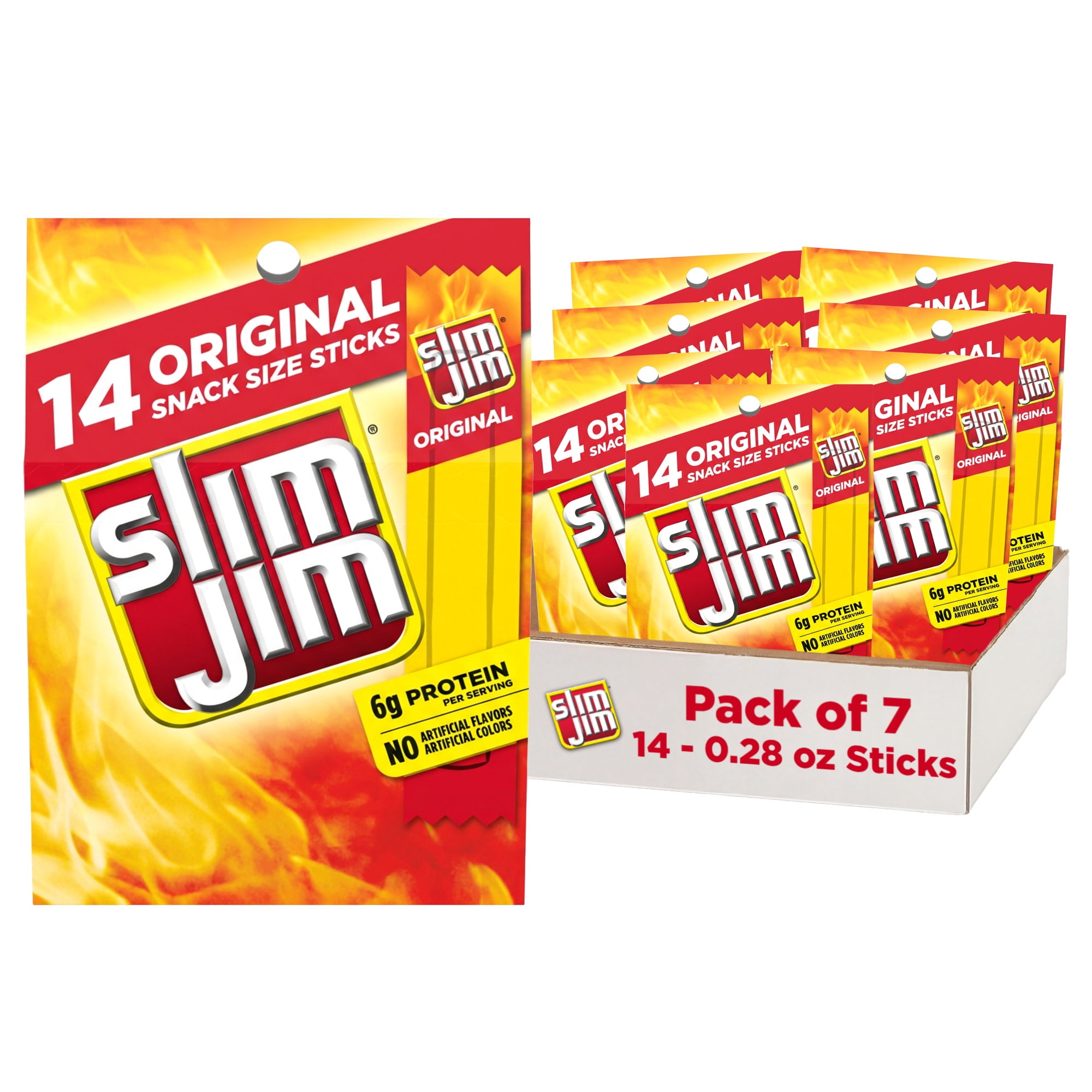 (7 pack) Slim Jim Smoked Meat Sticks, Original Flavor, 6g Protein Per Serving, Snack Size, Father's Day Snack Gift for Dad, 0.28 oz. (14 Count)