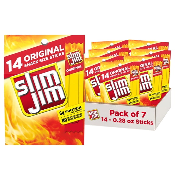 (7 pack) Slim Jim Smoked Meat Sticks, Original Flavor, 6g Protein Per Serving, Snack Size, Easter Basket Stuffer for Men, 0.28 oz. (14 Count)