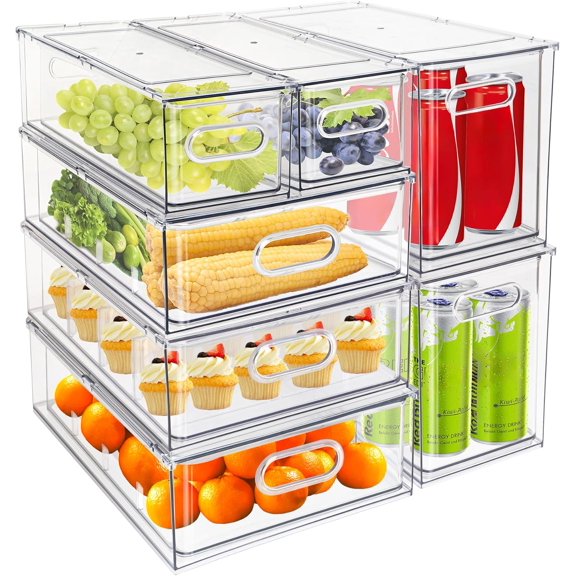 7 pack Stackable Refrigerator Organizer Bins Pull-Out Drawers for Fruit and Veggies Storage Organizer for Fridge Clear Drawer Containers with Handle Divided Organization for Produce Saver