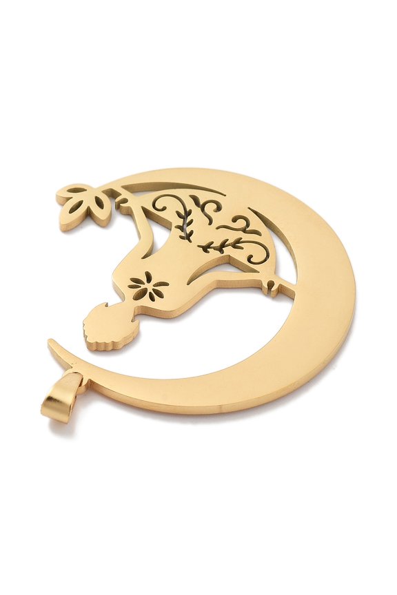 7 pc 304 Stainless Steel Pendants Laser Cut Moon with Lotus Charm Golden 38x38x1mm Hole: 4.5x2.5mm