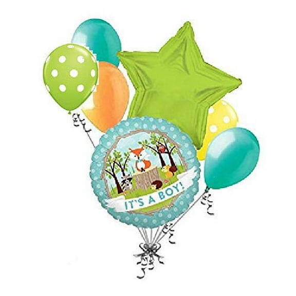 7 pc Baby Boy Woodland Critters Fox Balloon Bouquet Party Animal Shower It's a by Jeckaroonie Balloons