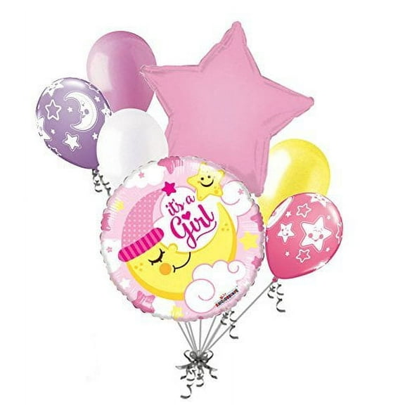 7 pc Baby Girl Sleeping Moon Balloon Bouquet Party Decoration Welcome Home Star