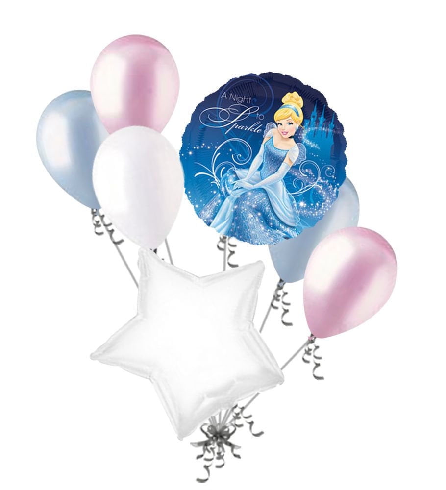 JECKAROONIE 7 pc Cinderella Sparkle Disney Princess Heart Balloon Bouquet Happy Birthday