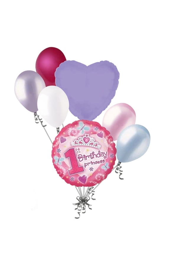 7 pc Happy 1st Birthday Princess Crown Balloon Bouquet Party Decoration First