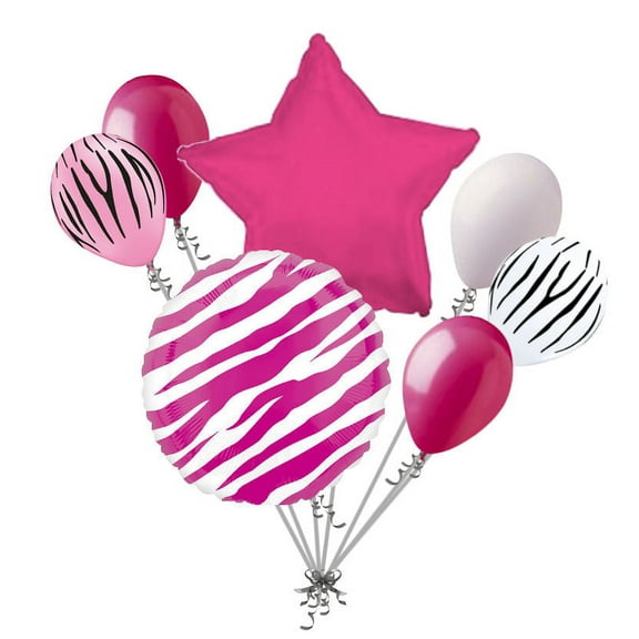 7 pc Hot Pink Zebra Print Balloon Bouquet Happy Birthday Baby Shower Animal